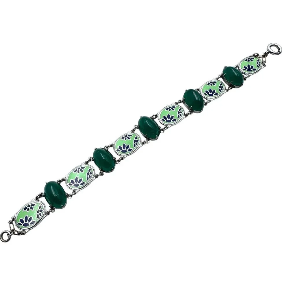 Vintage Blue Green Enamel Domed Glass Stone Silver Tone Bracelet 7 Inch